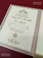 KLB-1199 Creme Brown Traditional Semi Box Wedding Card (2 Page & Couple Name Wooden Plate)
