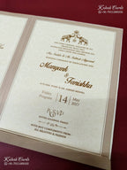 KLB-1199 Creme Brown Traditional Semi Box Wedding Card (2 Page & Couple Name Wooden Plate)