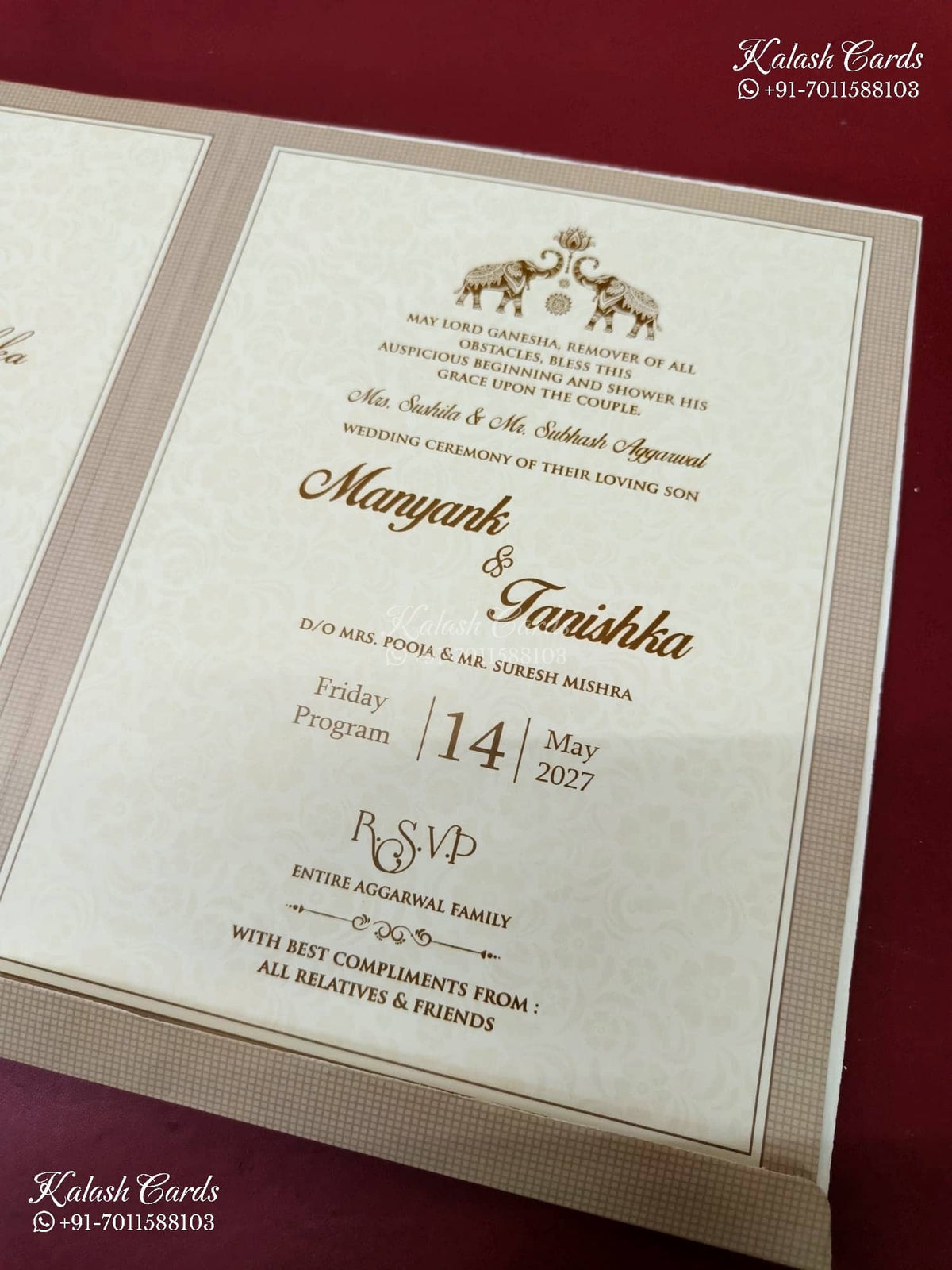 KLB-1199 Creme Brown Traditional Semi Box Wedding Card (2 Page & Couple Name Wooden Plate)