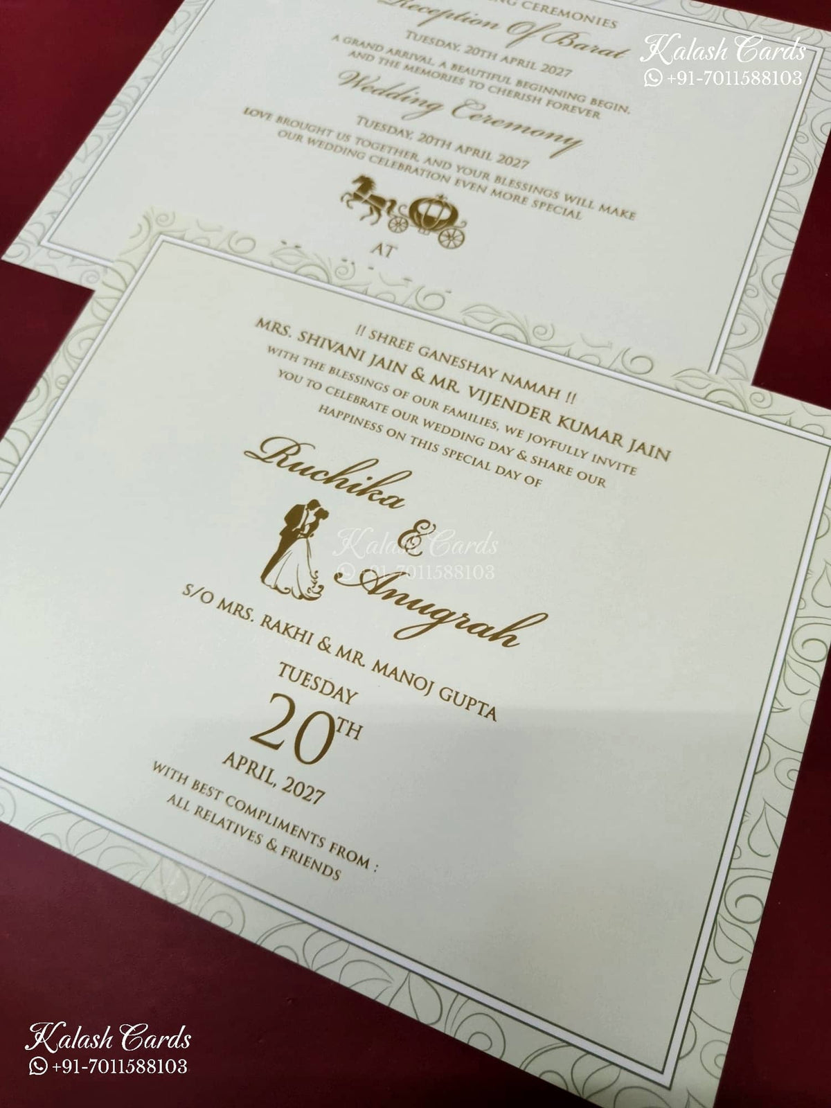 KLB-1200 Creme Green Traditional Semi Box Wedding Card (2 Page)