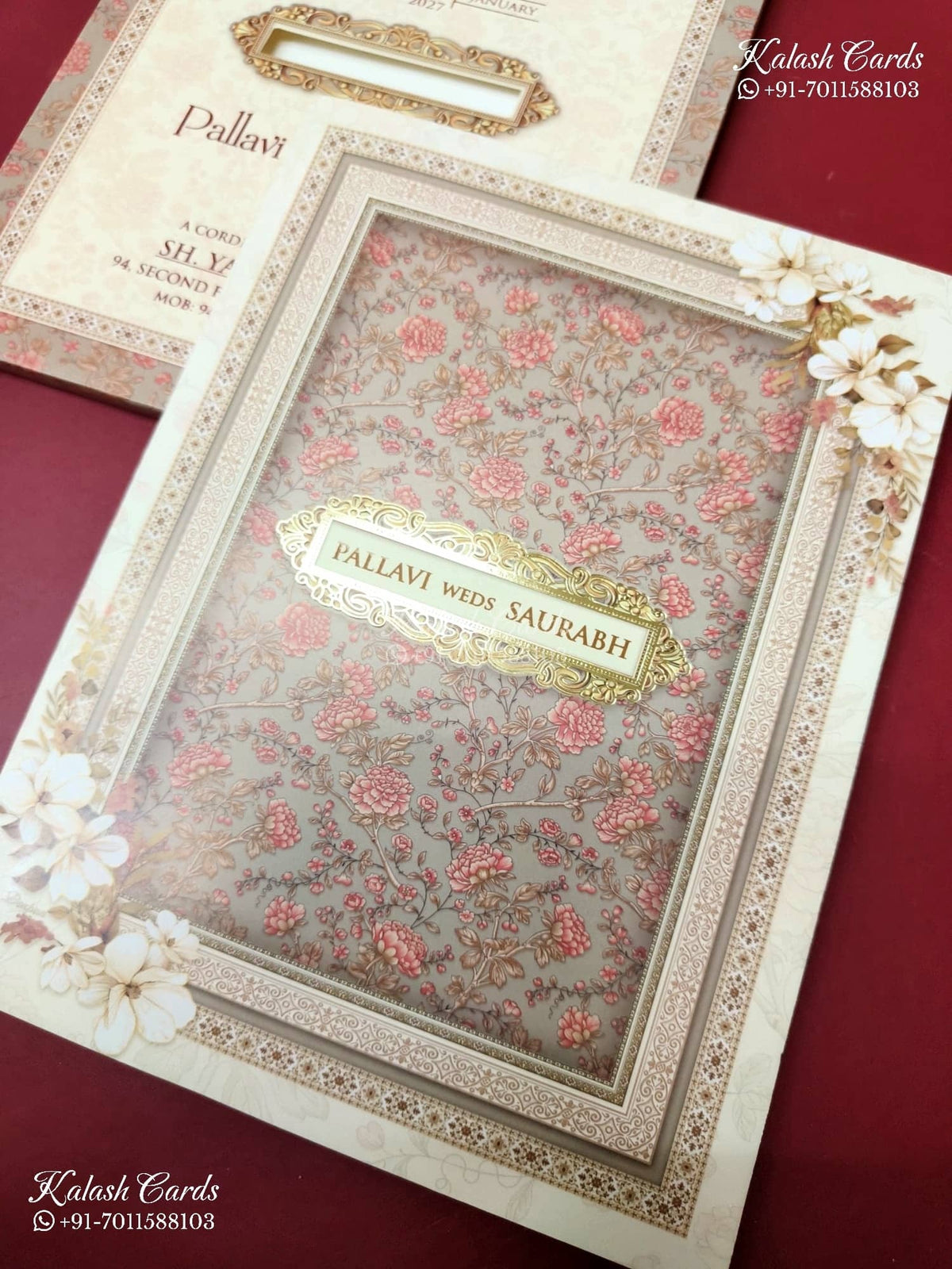 KLB-1202 Creme Floral Semi Box Wedding Card (2 Page)