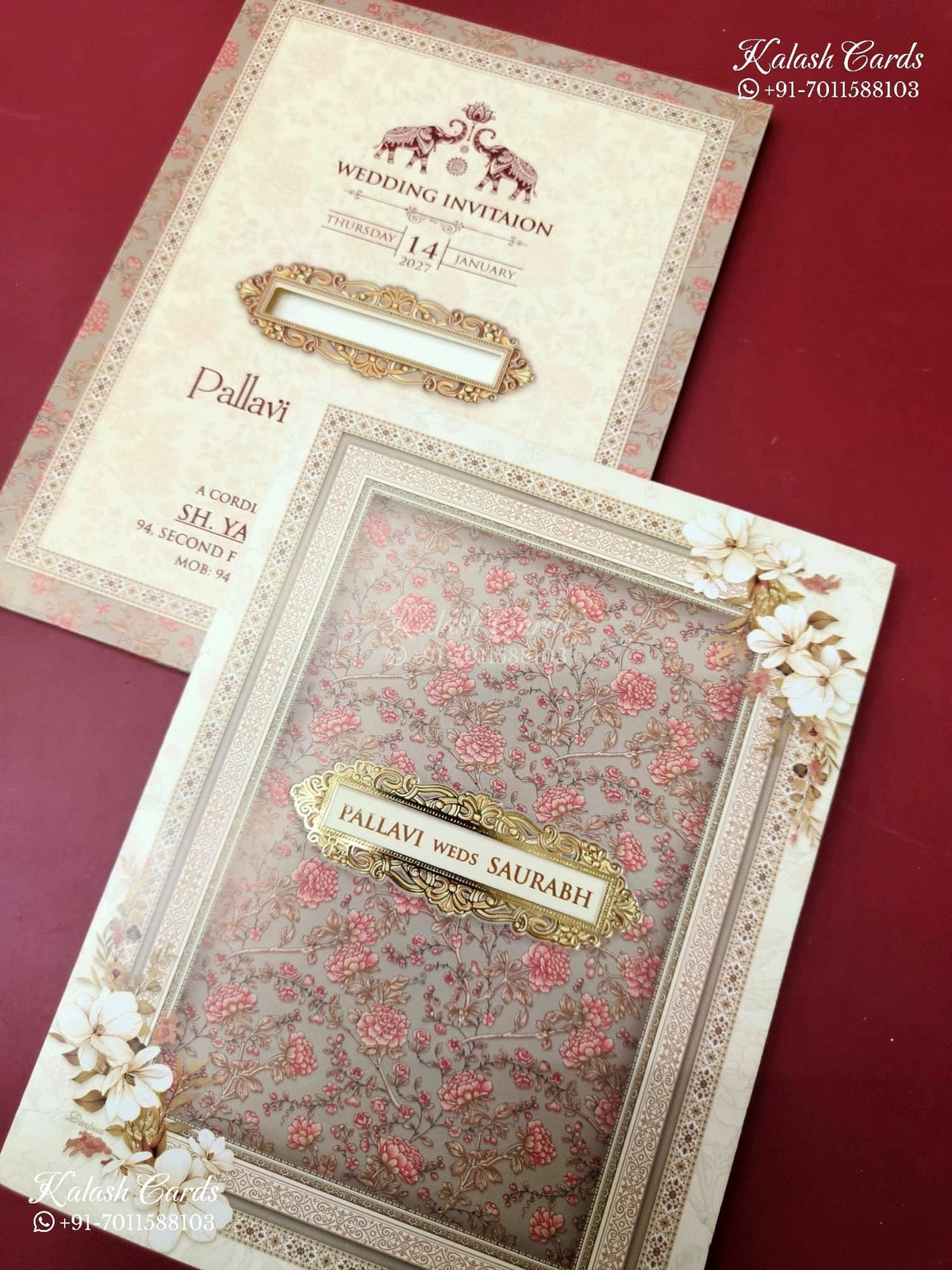 KLB-1202 Creme Floral Semi Box Wedding Card (2 Page)