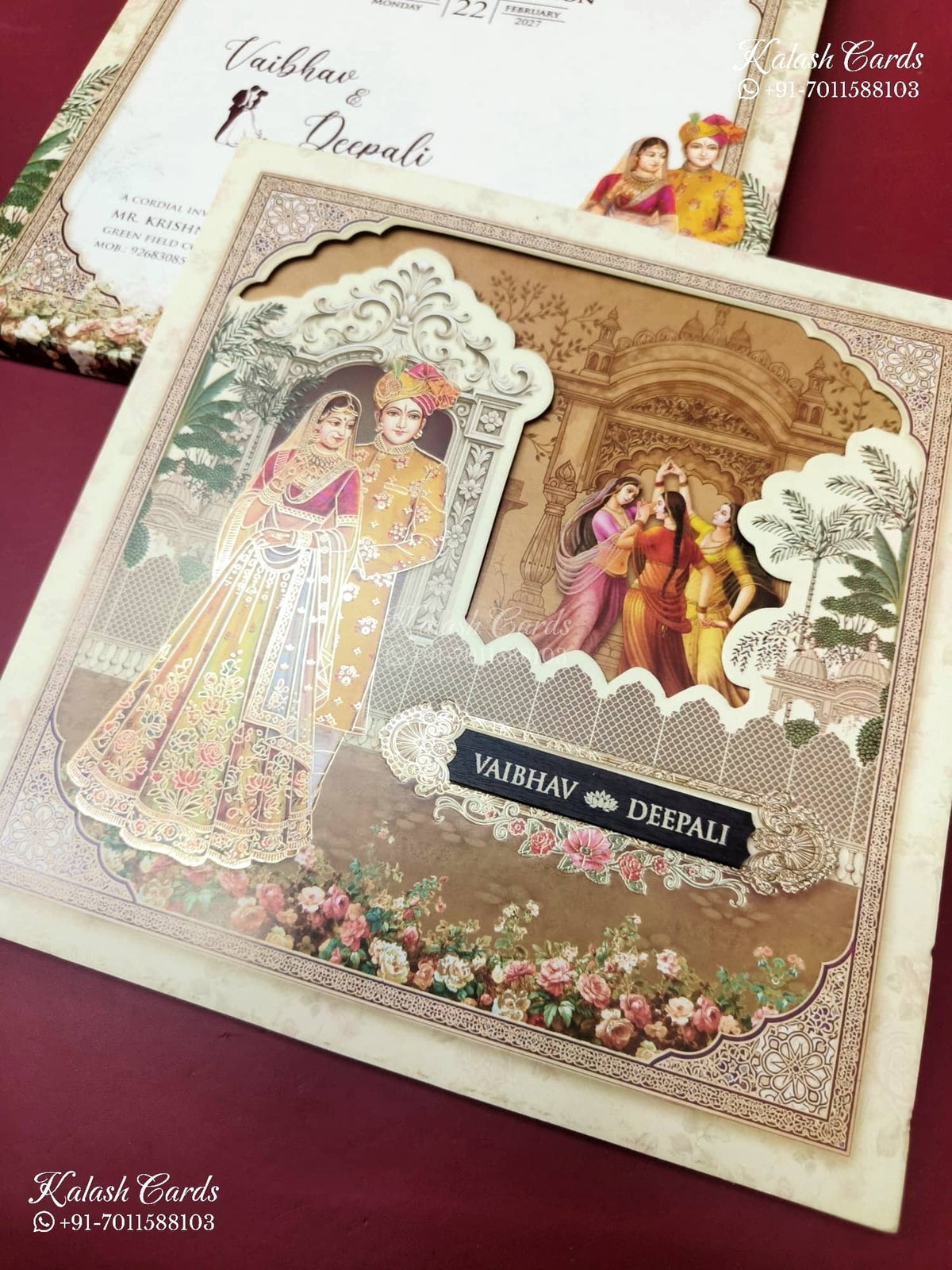 KLB-1204 Creme Brown Bride Groom Laser Cut Semi Box Wedding Card (2 Page)