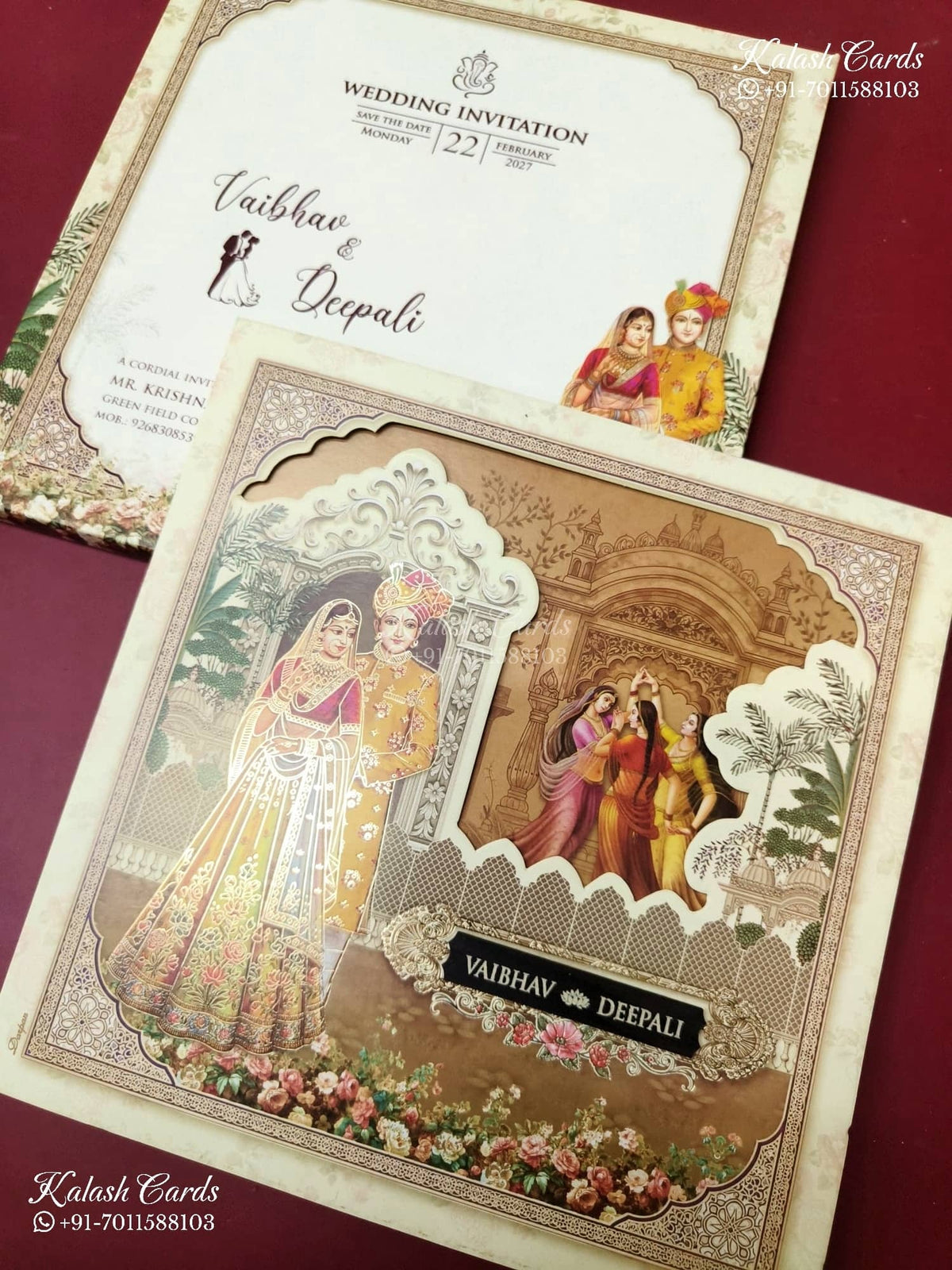 KLB-1204 Creme Brown Bride Groom Laser Cut Semi Box Wedding Card (2 Page)