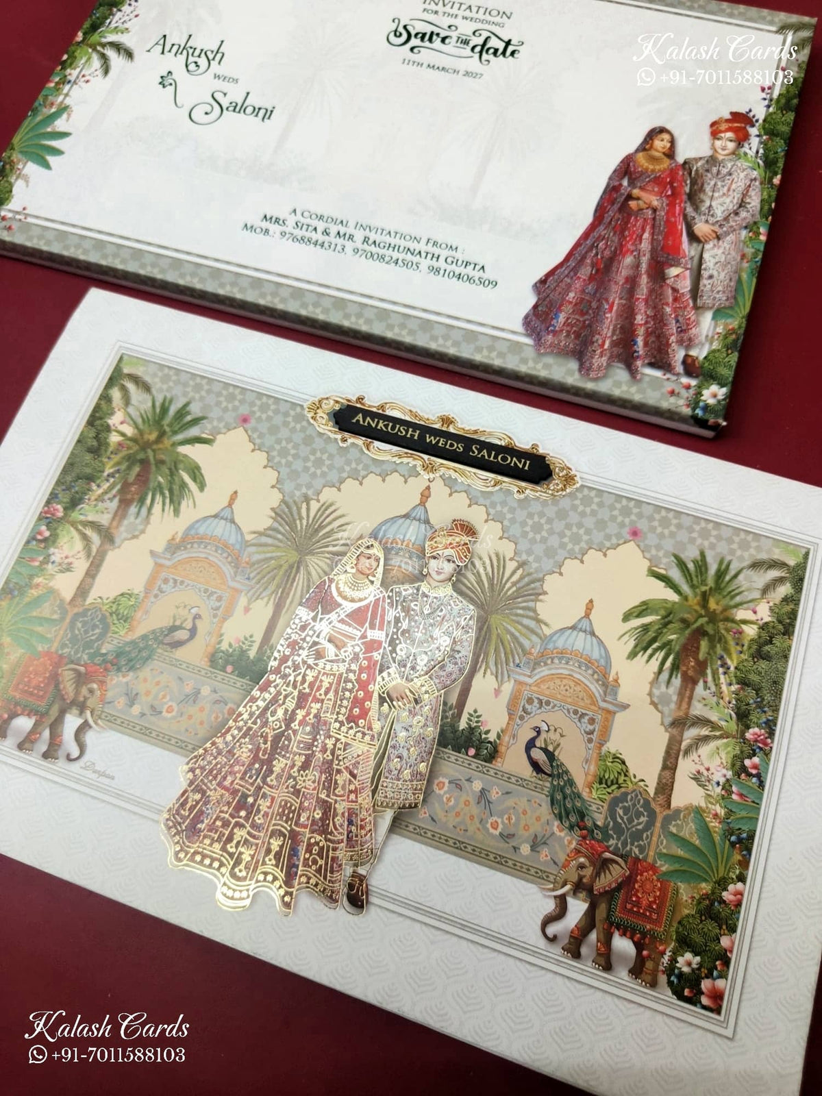KLB-1206 White Bride Groom Royal Fort Peacock Elephant Semi Box Wedding Card (2 Page & Couple Name Wooden Plate)