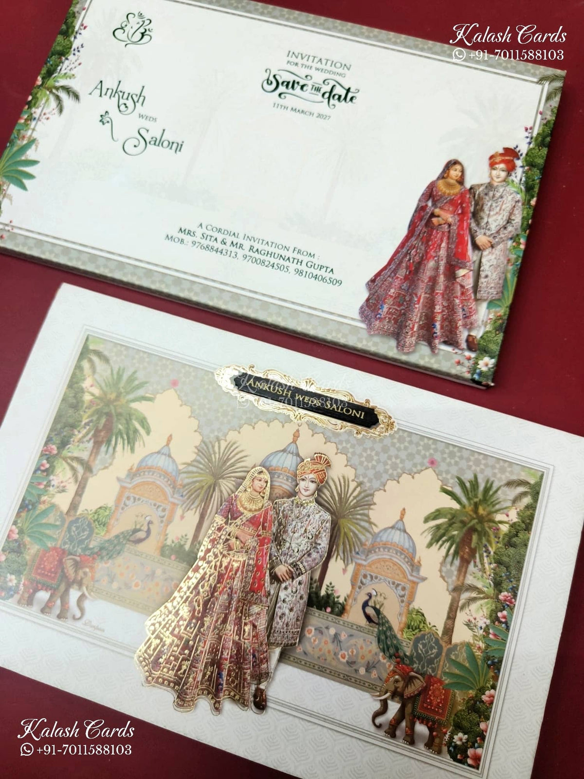 KLB-1206 White Bride Groom Royal Fort Peacock Elephant Semi Box Wedding Card (2 Page & Couple Name Wooden Plate)