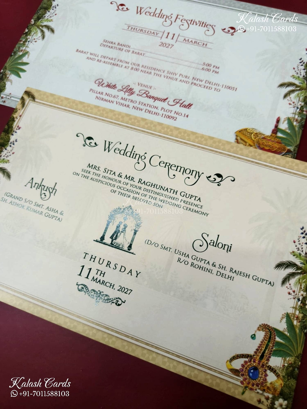 KLB-1206 White Bride Groom Royal Fort Peacock Elephant Semi Box Wedding Card (2 Page & Couple Name Wooden Plate)