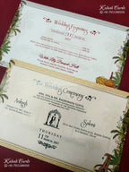 KLB-1206 White Bride Groom Royal Fort Peacock Elephant Semi Box Wedding Card (2 Page & Couple Name Wooden Plate)