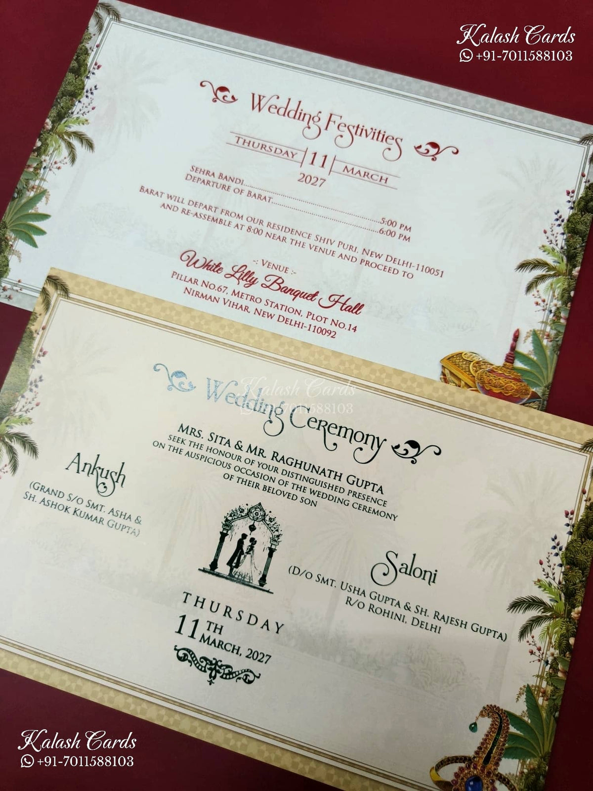 KLB-1206 White Bride Groom Royal Fort Peacock Elephant Semi Box Wedding Card (2 Page & Couple Name Wooden Plate)