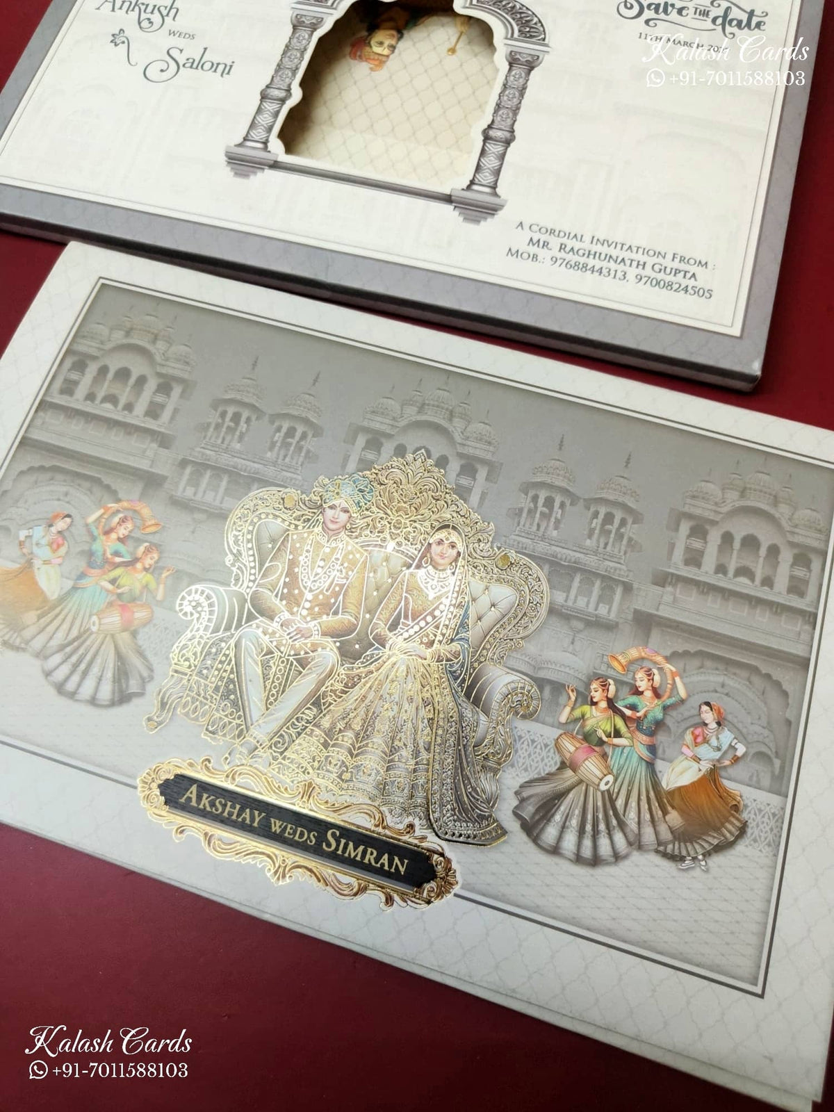 KLB-1207 Grey Bride Groom Laser Cut Semi Box Wedding Card (2 Page & Couple Name Wooden Plate)