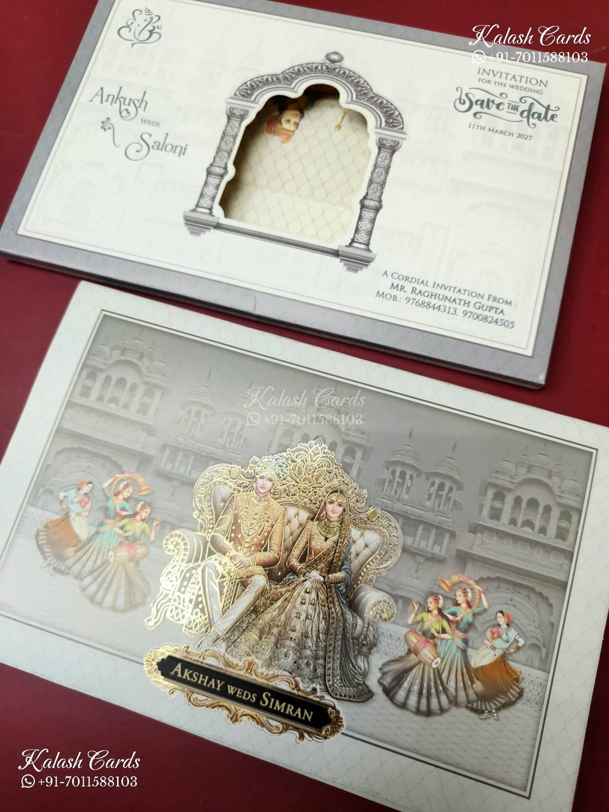 KLB-1207 Grey Bride Groom Laser Cut Semi Box Wedding Card (2 Page & Couple Name Wooden Plate)