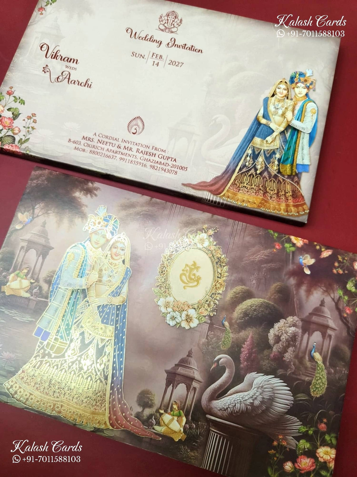 KLB-1208 Creme Maroon Bride Groom Semi Box Wedding Card (2 Page)