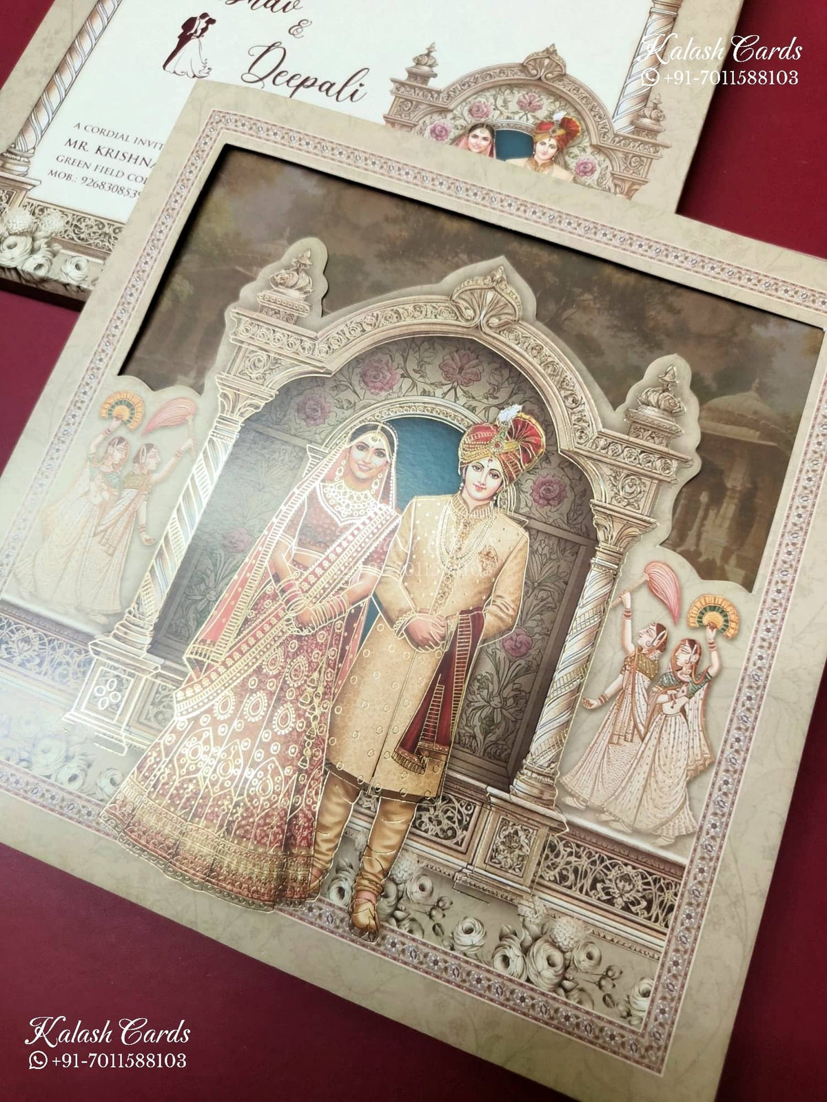 KLB-1210 Creme Brown Bride Groom Royal Arch Laser Cut Semi Box Wedding Card (2 Page)