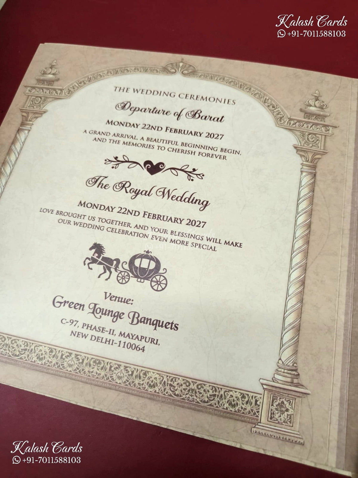 KLB-1210 Creme Brown Bride Groom Royal Arch Laser Cut Semi Box Wedding Card (2 Page)