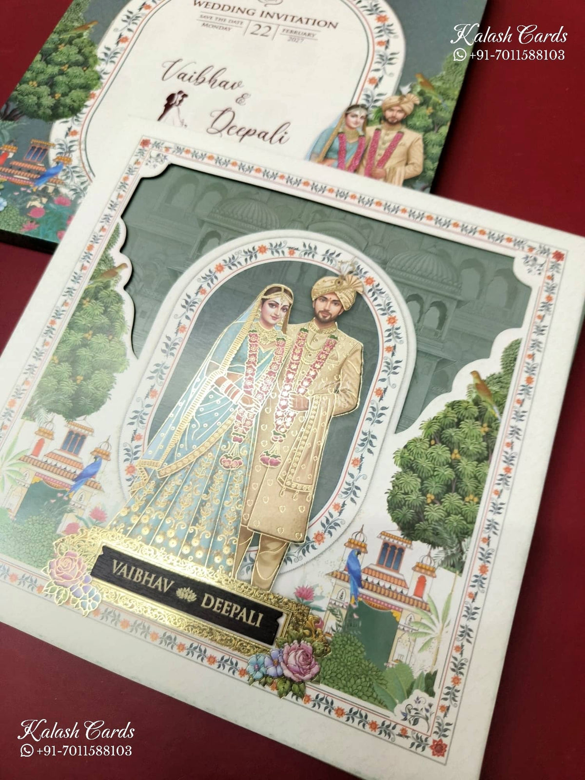 KLB-1211 White Green Bride Groom Laser Cut Semi Box Wedding Card (2 Page)
