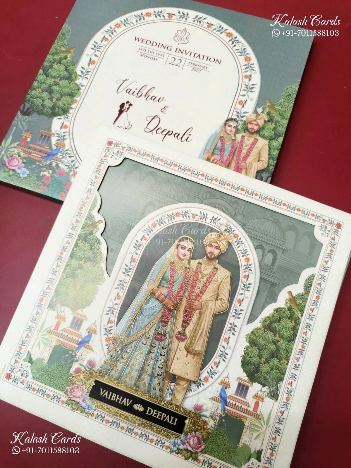 KLB-1211 White Green Bride Groom Laser Cut Semi Box Wedding Card (2 Page)