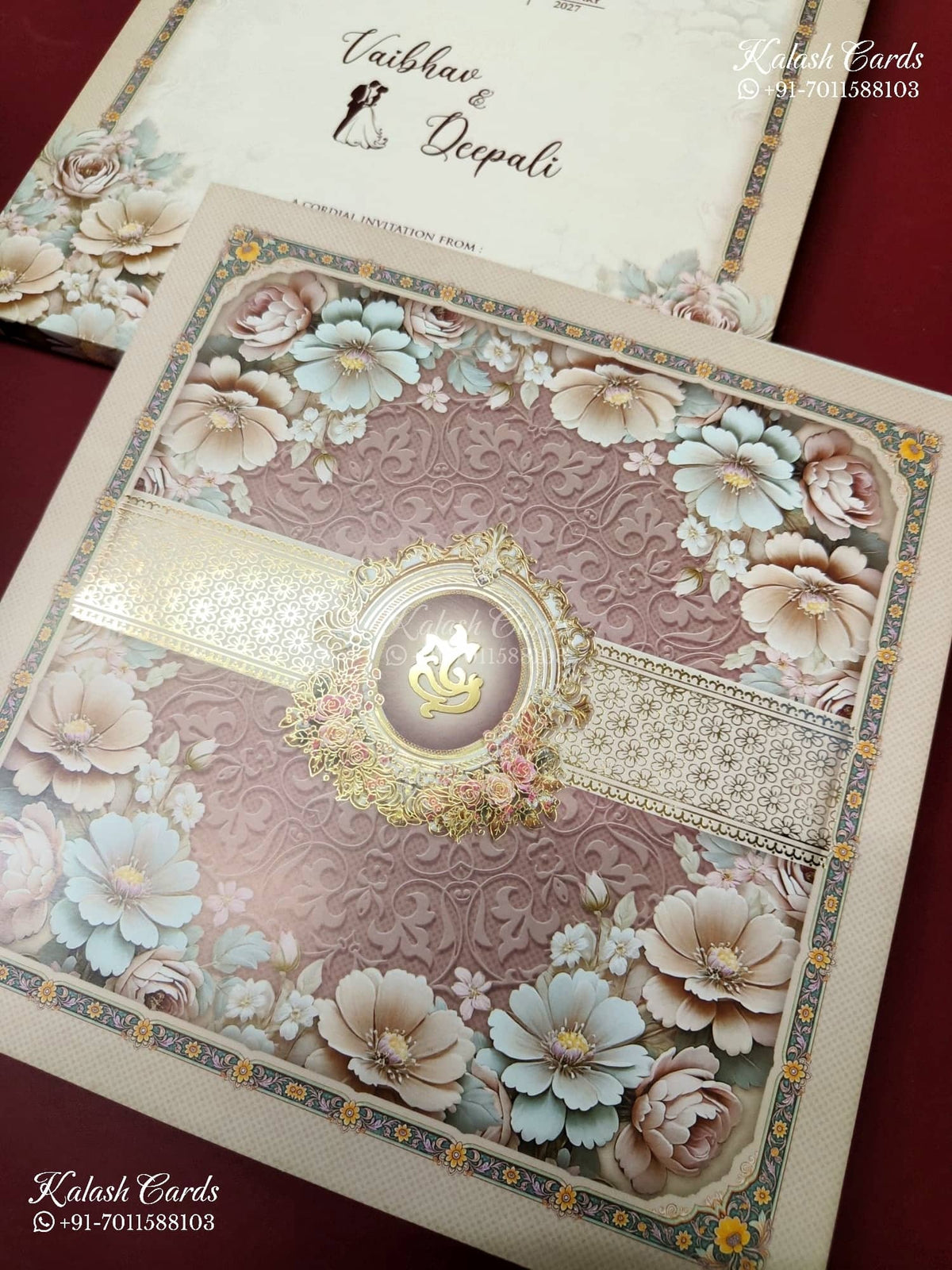 KLB-1212 Creme Pink Floral Semi Box Wedding Card (2 Page)