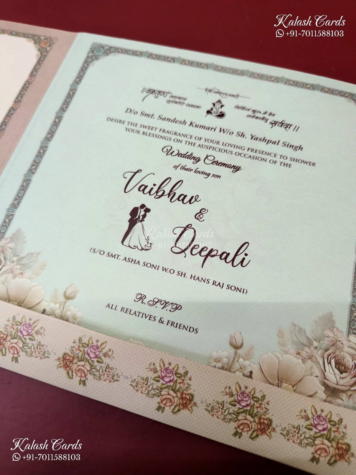 KLB-1212 Creme Pink Floral Semi Box Wedding Card (2 Page)