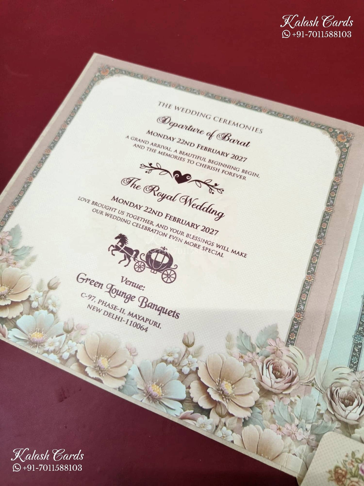 KLB-1212 Creme Pink Floral Semi Box Wedding Card (2 Page)