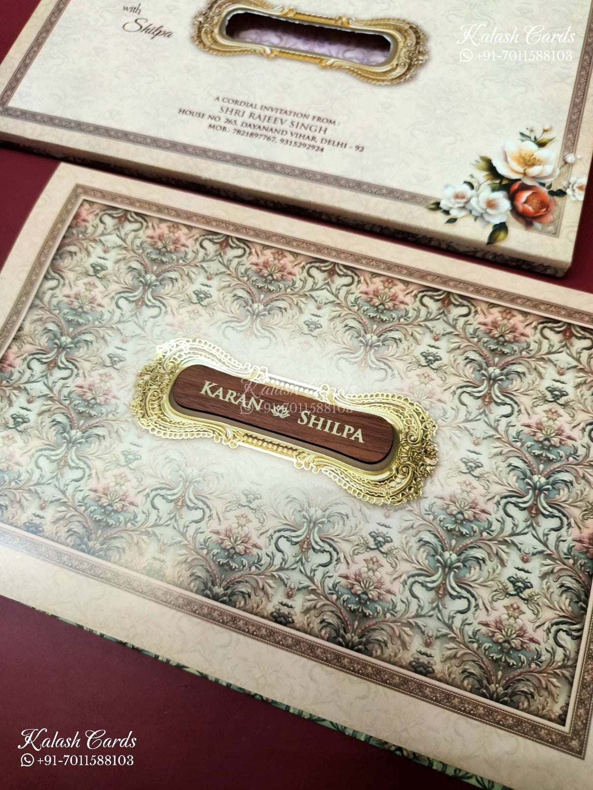 KLB-1213 Creme Brown Floral Laser Cut Semi Box Wedding Card (2 Page & Couple Name Wooden Plate)