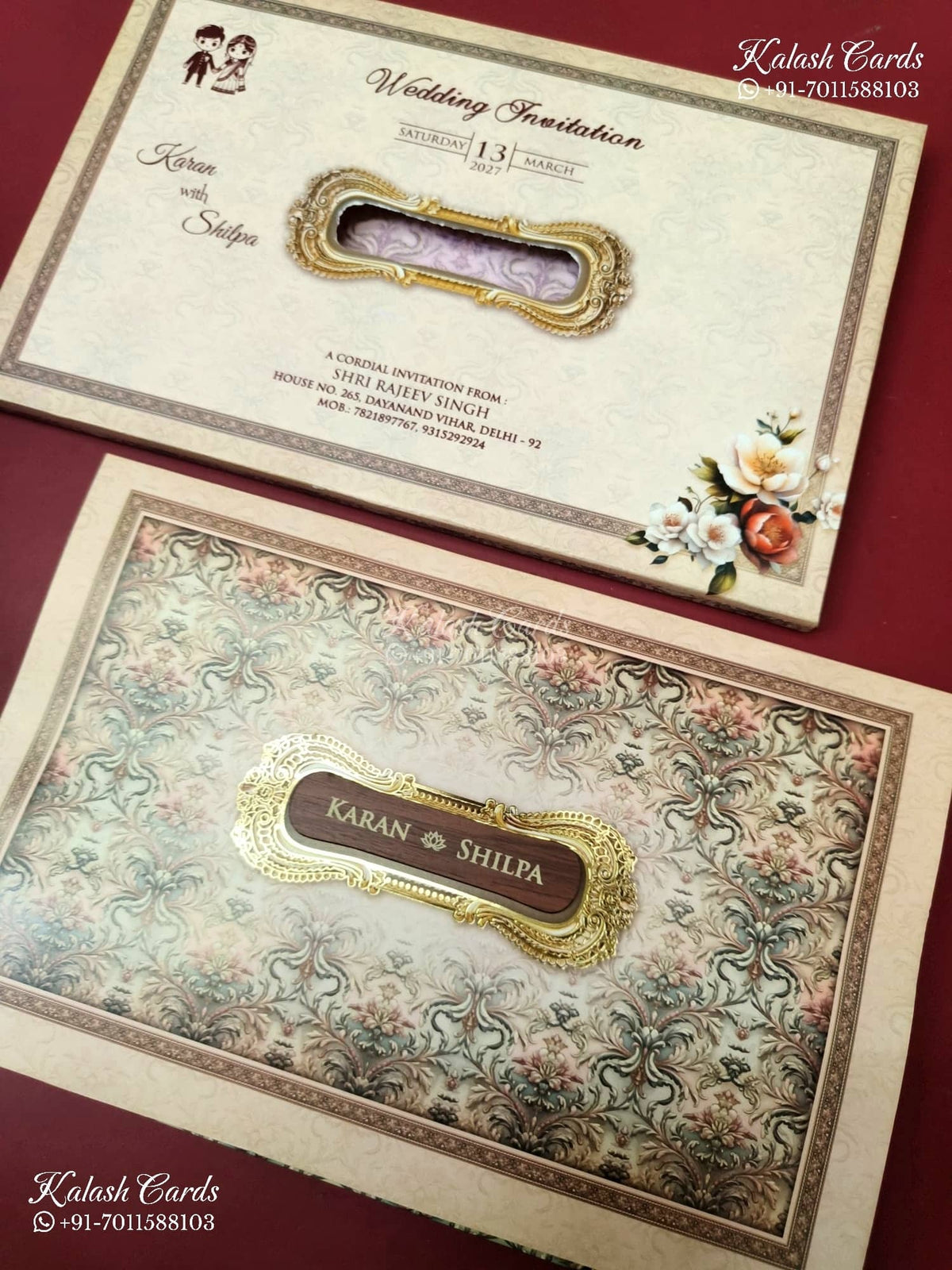 KLB-1213 Creme Brown Floral Laser Cut Semi Box Wedding Card (2 Page & Couple Name Wooden Plate)