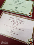 KLB-1213 Creme Brown Floral Laser Cut Semi Box Wedding Card (2 Page & Couple Name Wooden Plate)
