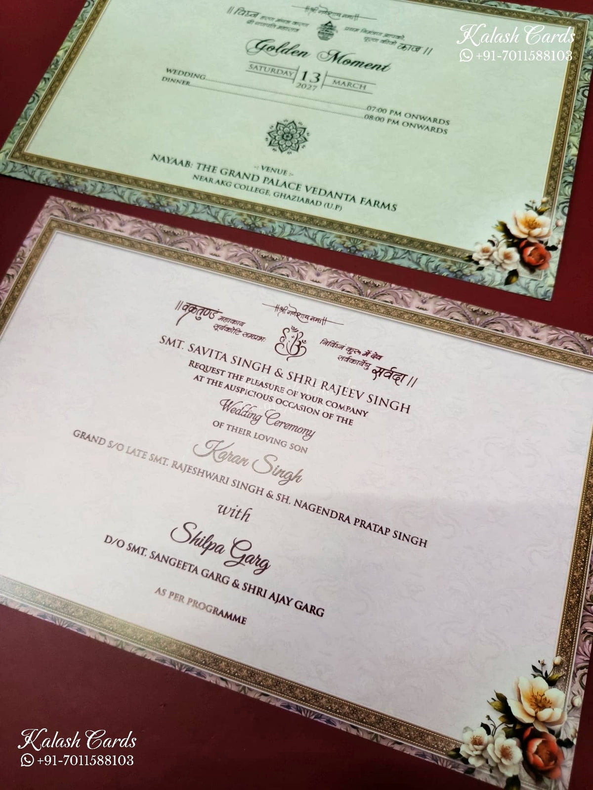 KLB-1213 Creme Brown Floral Laser Cut Semi Box Wedding Card (2 Page & Couple Name Wooden Plate)