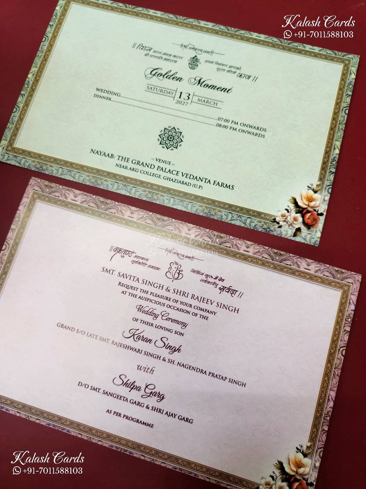 KLB-1213 Creme Brown Floral Laser Cut Semi Box Wedding Card (2 Page & Couple Name Wooden Plate)
