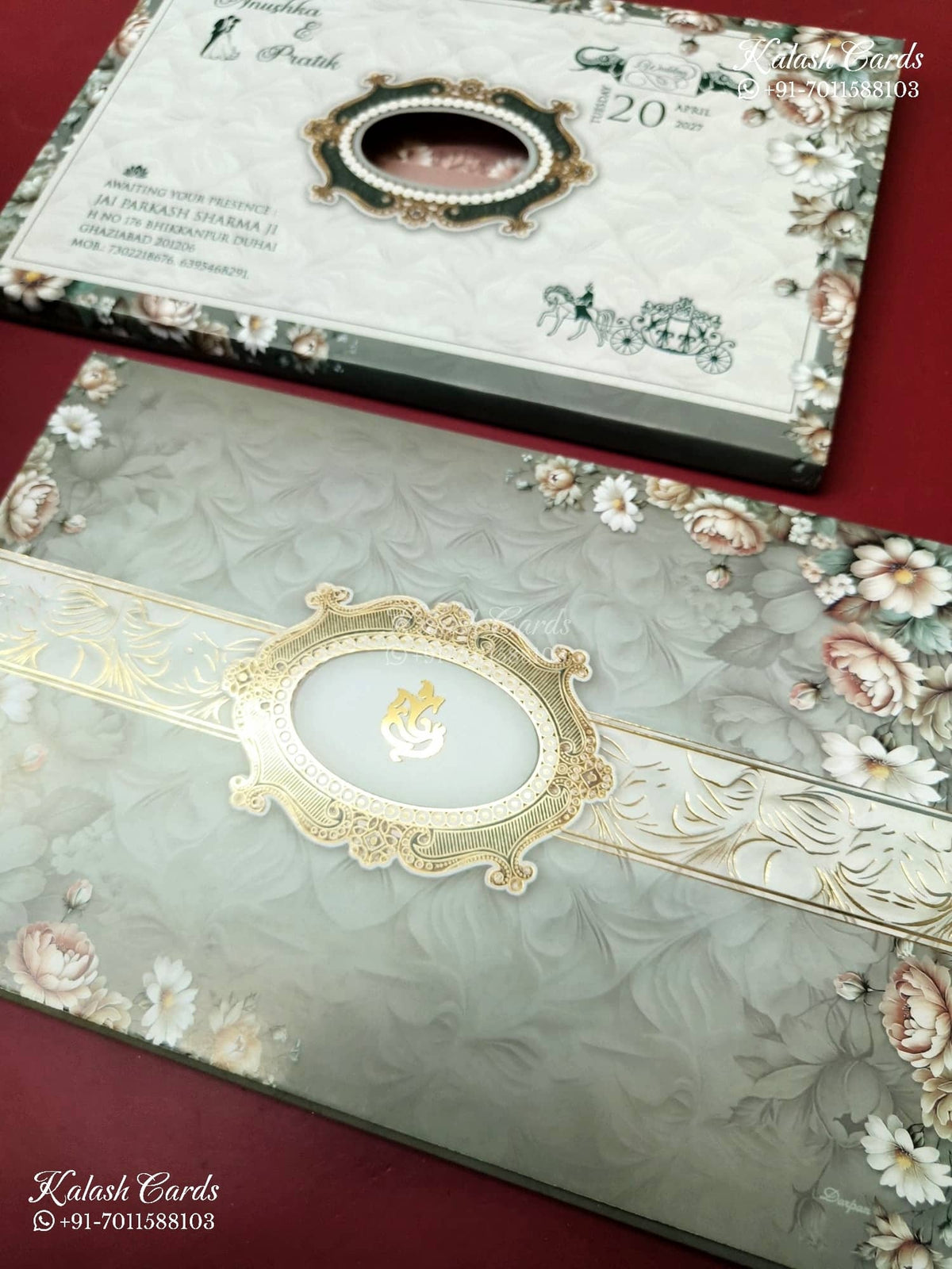 KLB-1214 Grey Floral Laser Cut Semi Box Wedding Card (2 Page)