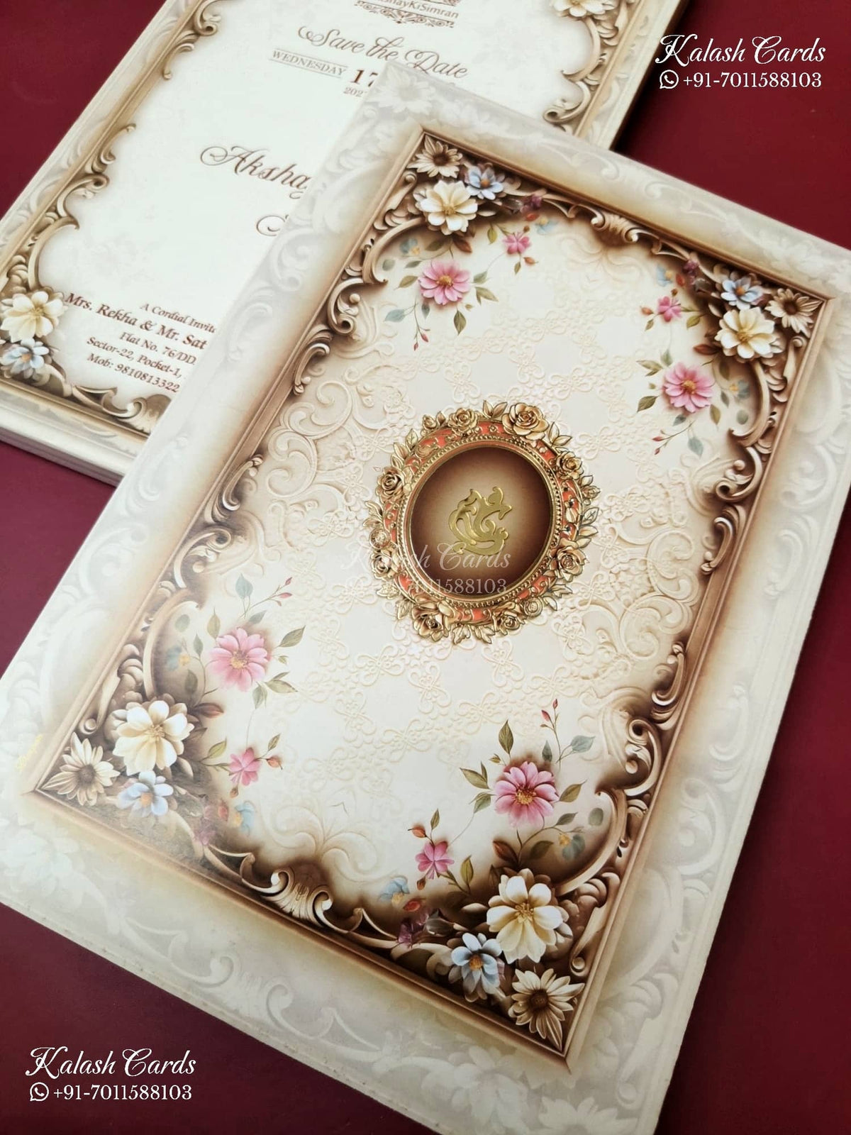 KLB-1215 Creme Brown Floral Semi Box Wedding Card (2 Page)