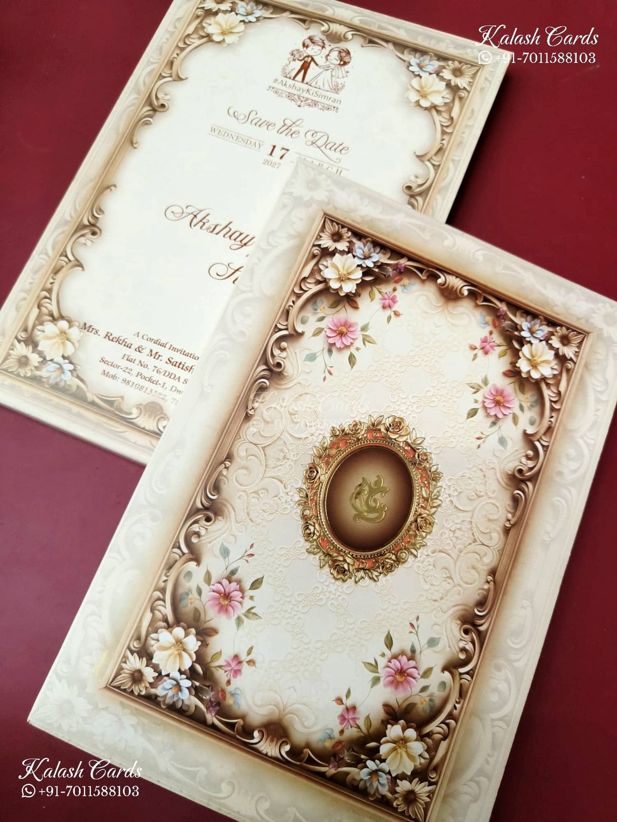 KLB-1215 Creme Brown Floral Semi Box Wedding Card (2 Page)