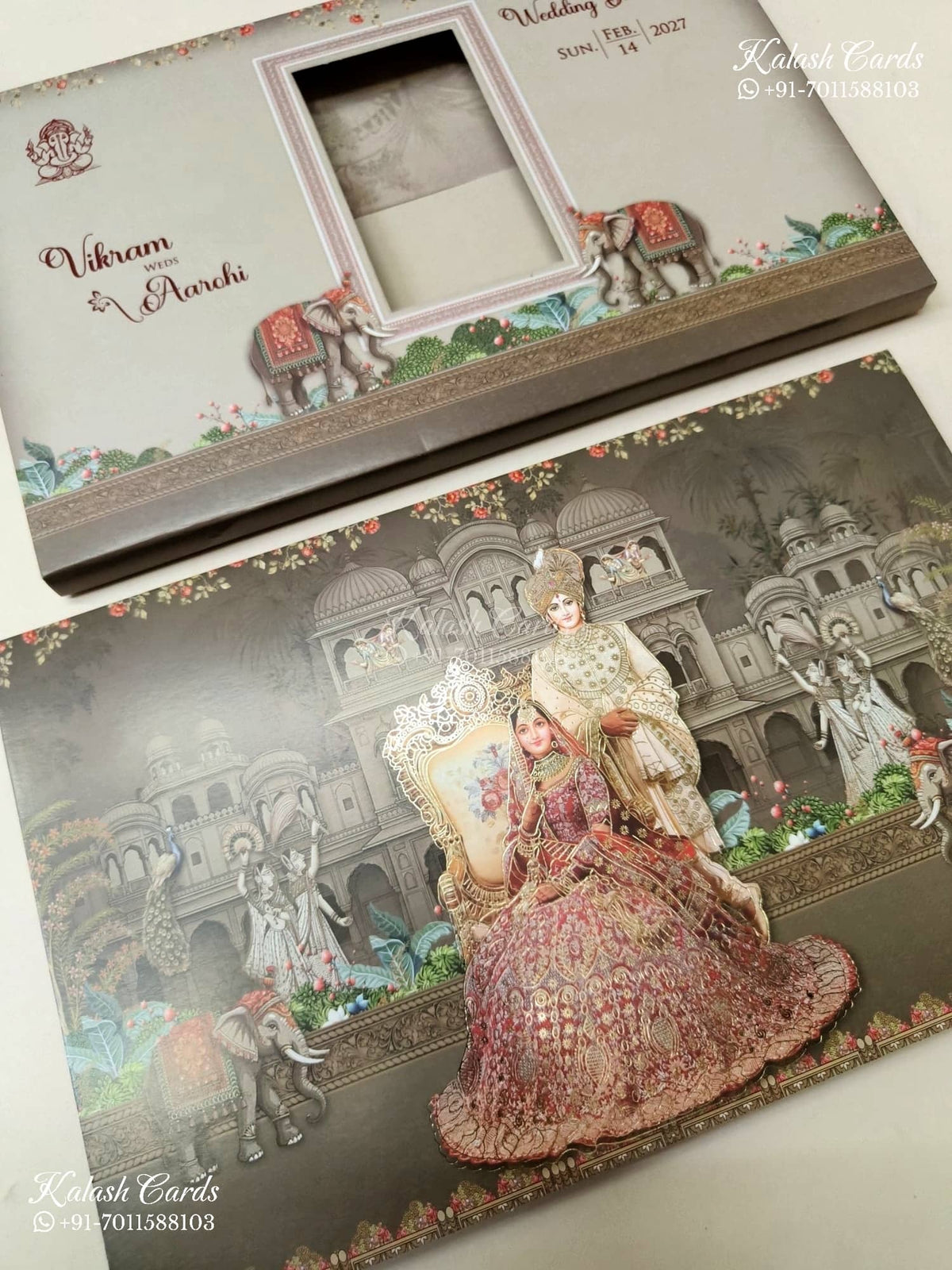 KLB-1216 Brown Bride Groom Royal Fort Laser Cut Semi Box Wedding Card (2 Page)