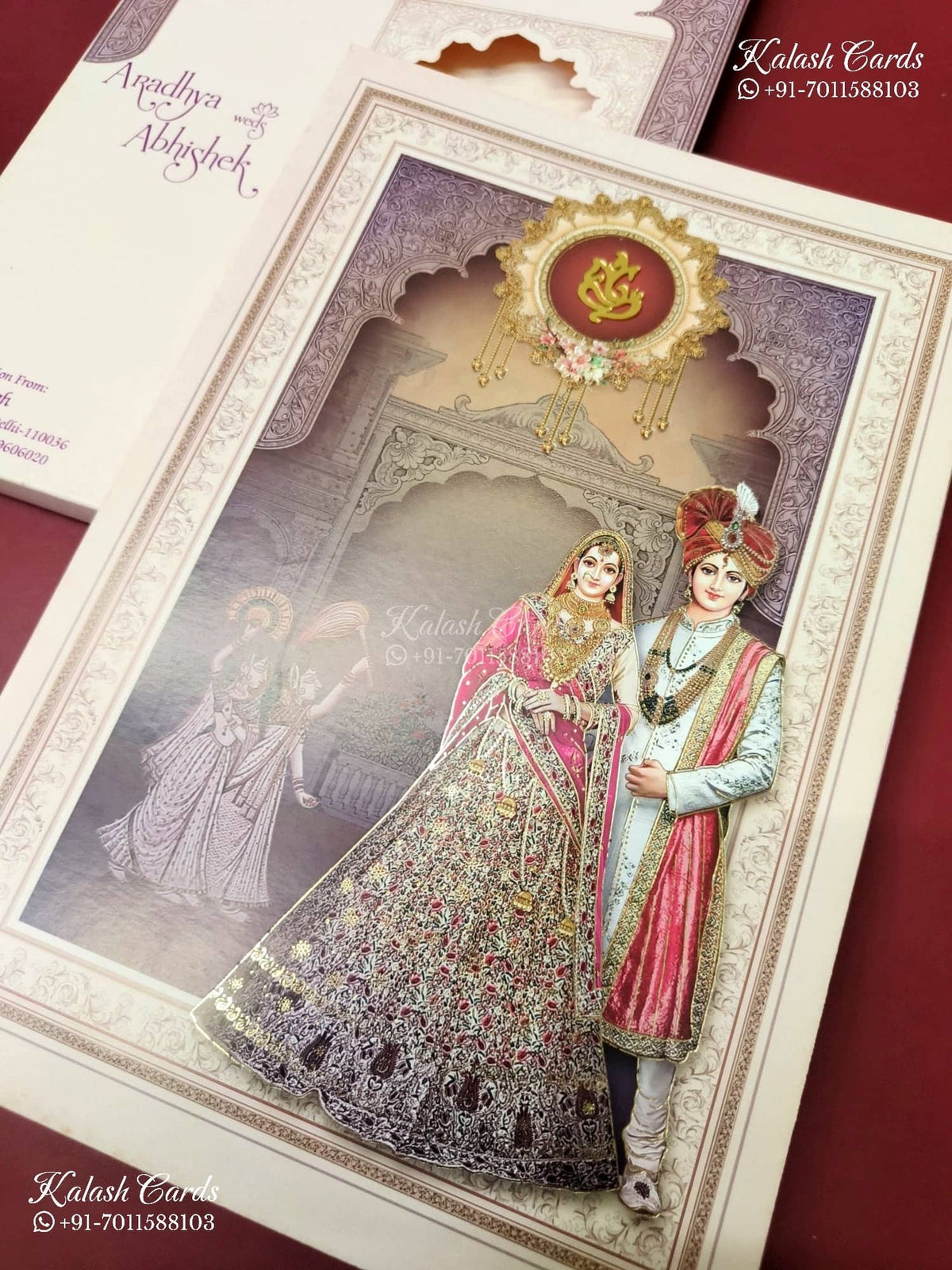KLB-1218 Creme Purple Bride Groom Laser Cut Semi Box Wedding Card (2 Page)