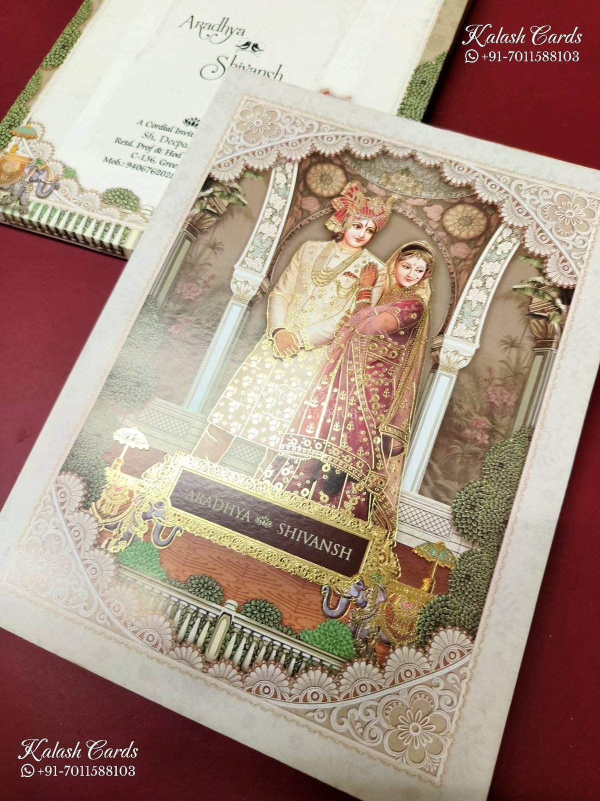 KLB-1221 Creme Brown Bride Groom Semi Box Wedding Card (2 Page & Couple Name Wooden Plate)