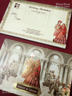 KLB-1225 Creme Brown Bride Groom Semi Box Wedding Card (2 Page & Couple Name Wooden Plate)