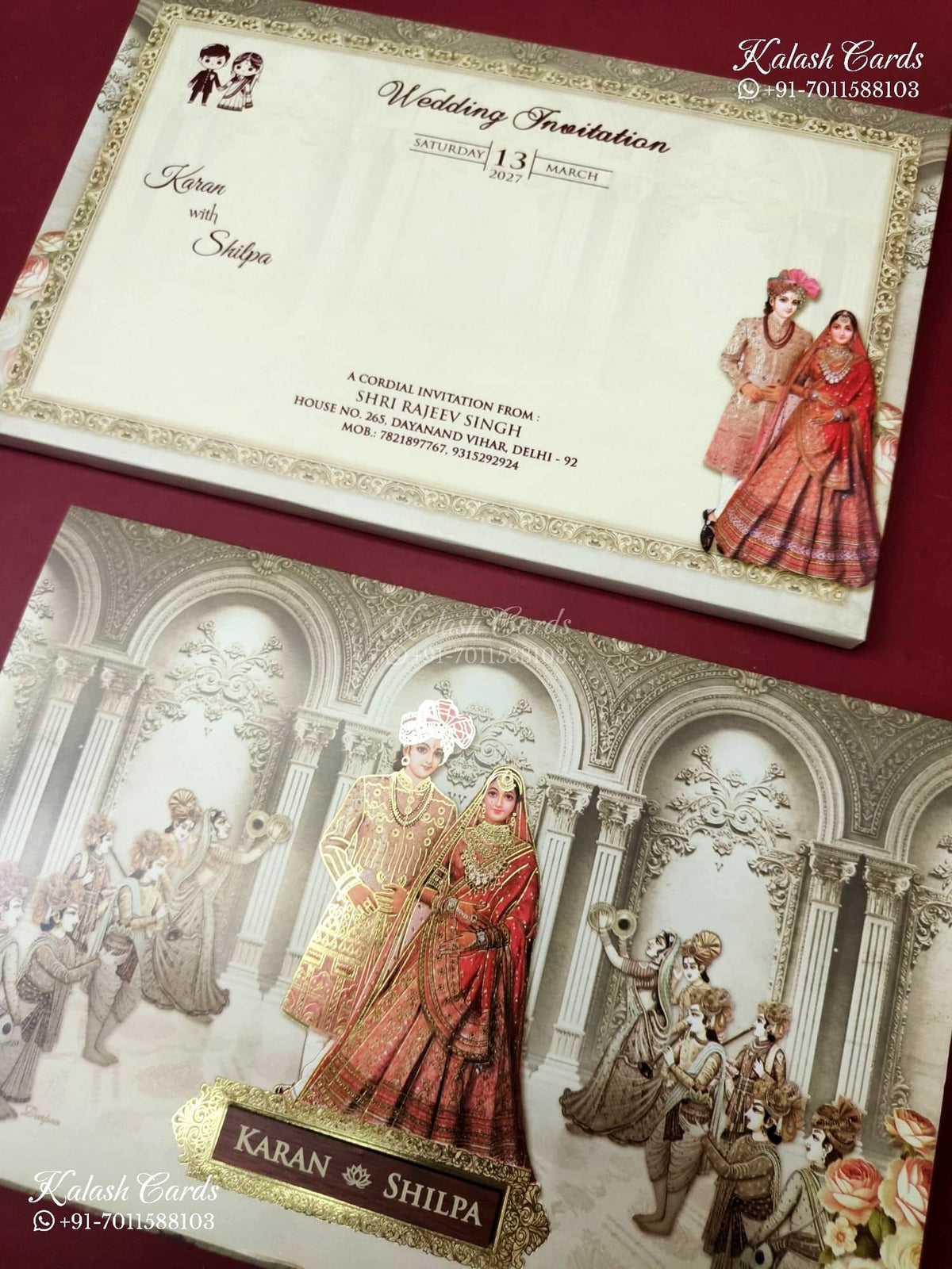 KLB-1225 Creme Brown Bride Groom Semi Box Wedding Card (2 Page & Couple Name Wooden Plate)