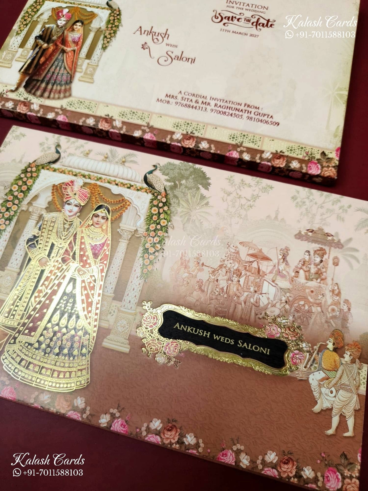 KLB-1226 Peach Brown Bride Groom Barat Semi Box Wedding Card (2 Page)