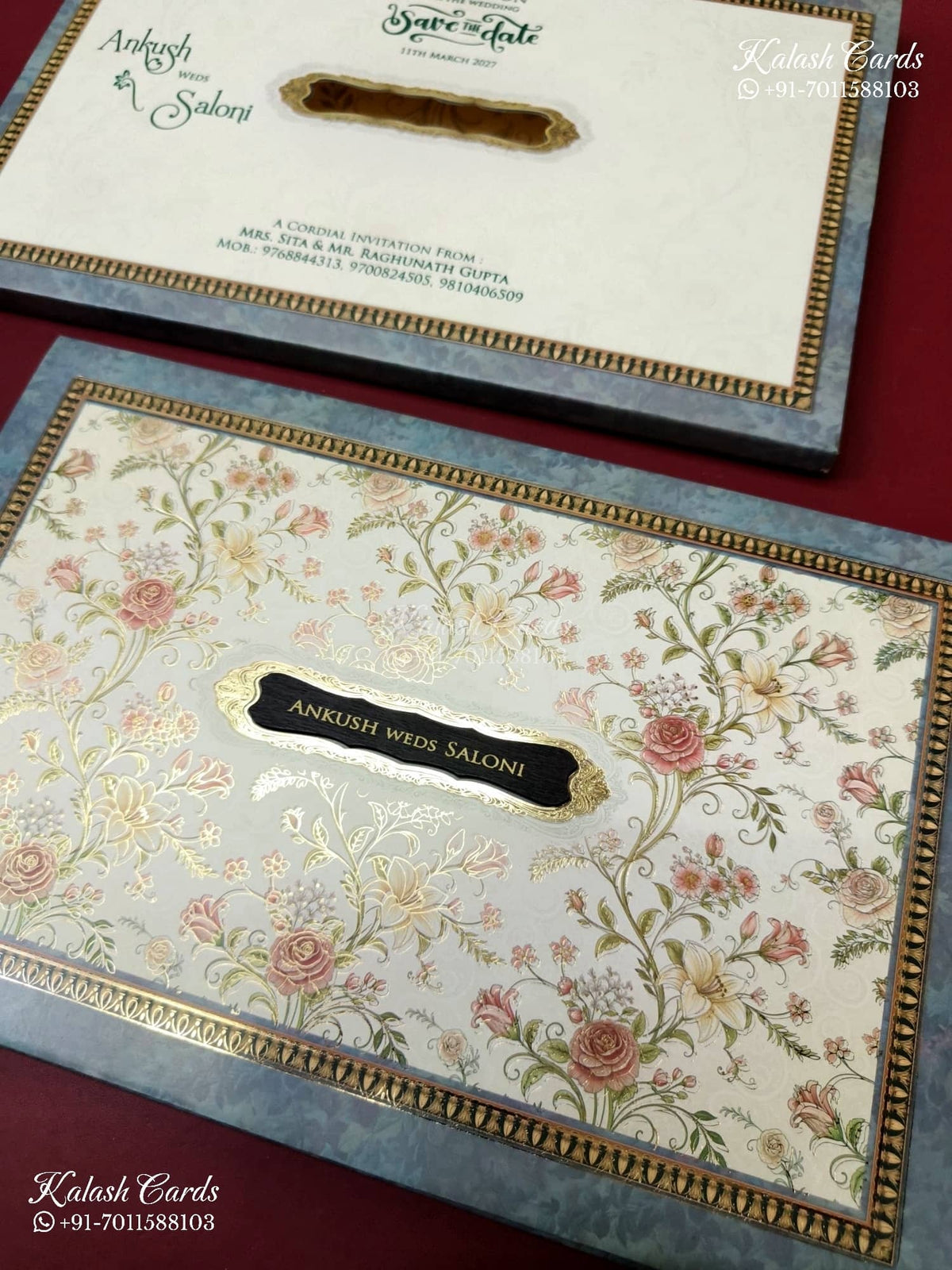 KLB-1227 Blue Floral Laser Cut Semi Box Wedding Card (2 Page & Couple Name Wooden Plate)