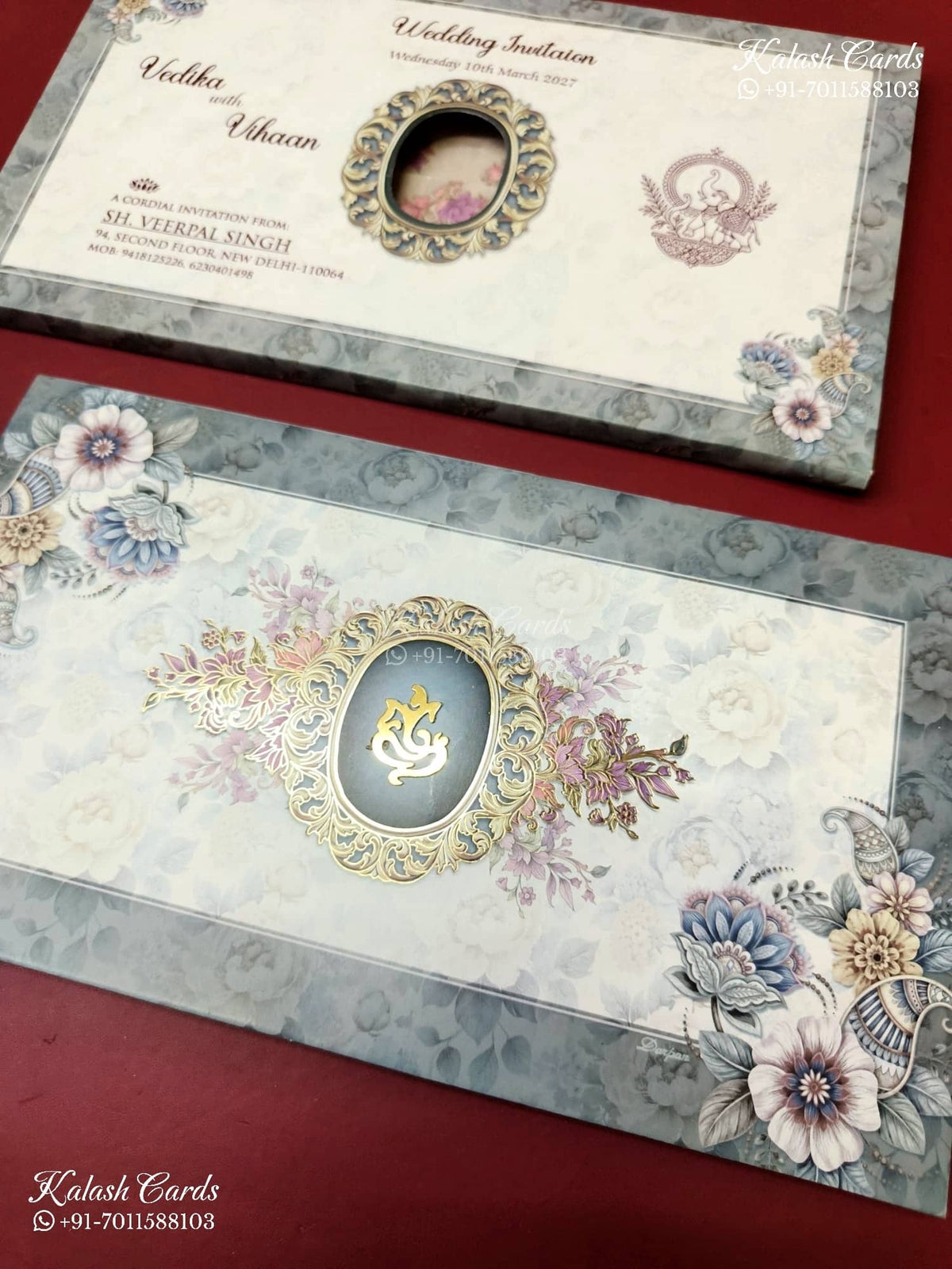 KLB-1228 Creme Grey Floral Laser Cut Semi Box Wedding Card (2 Page)