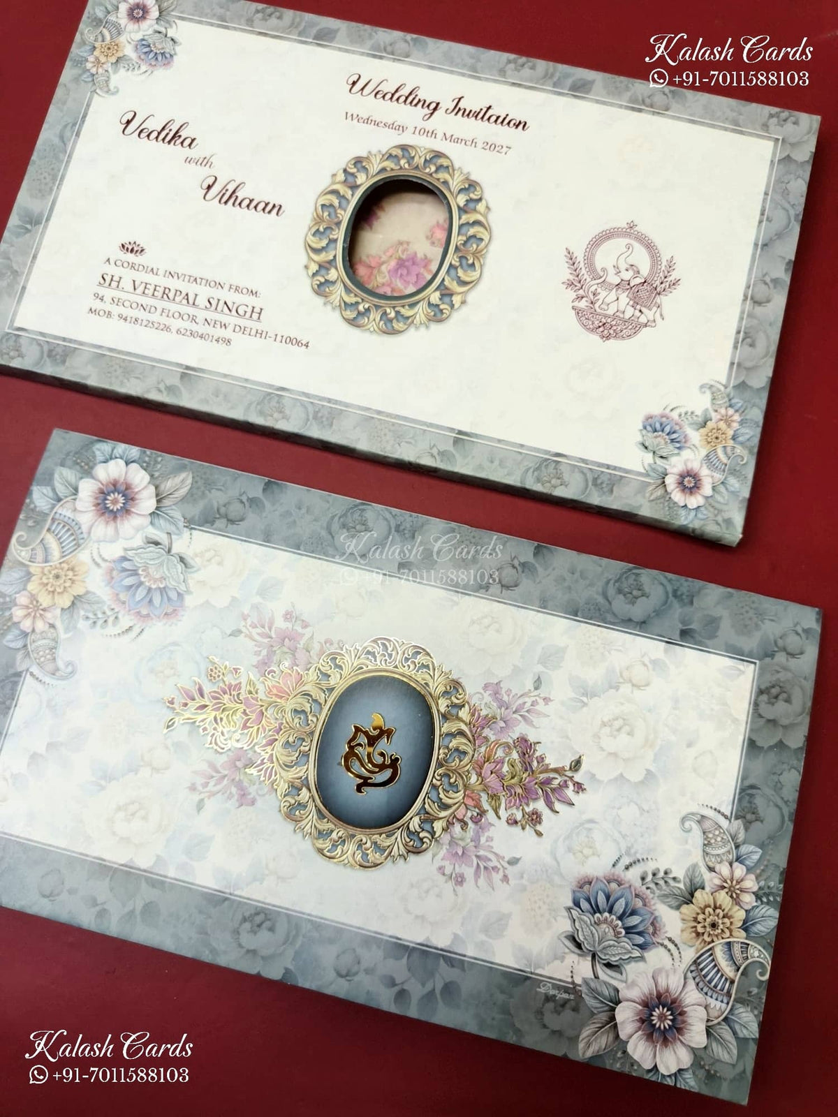 KLB-1228 Creme Grey Floral Laser Cut Semi Box Wedding Card (2 Page)
