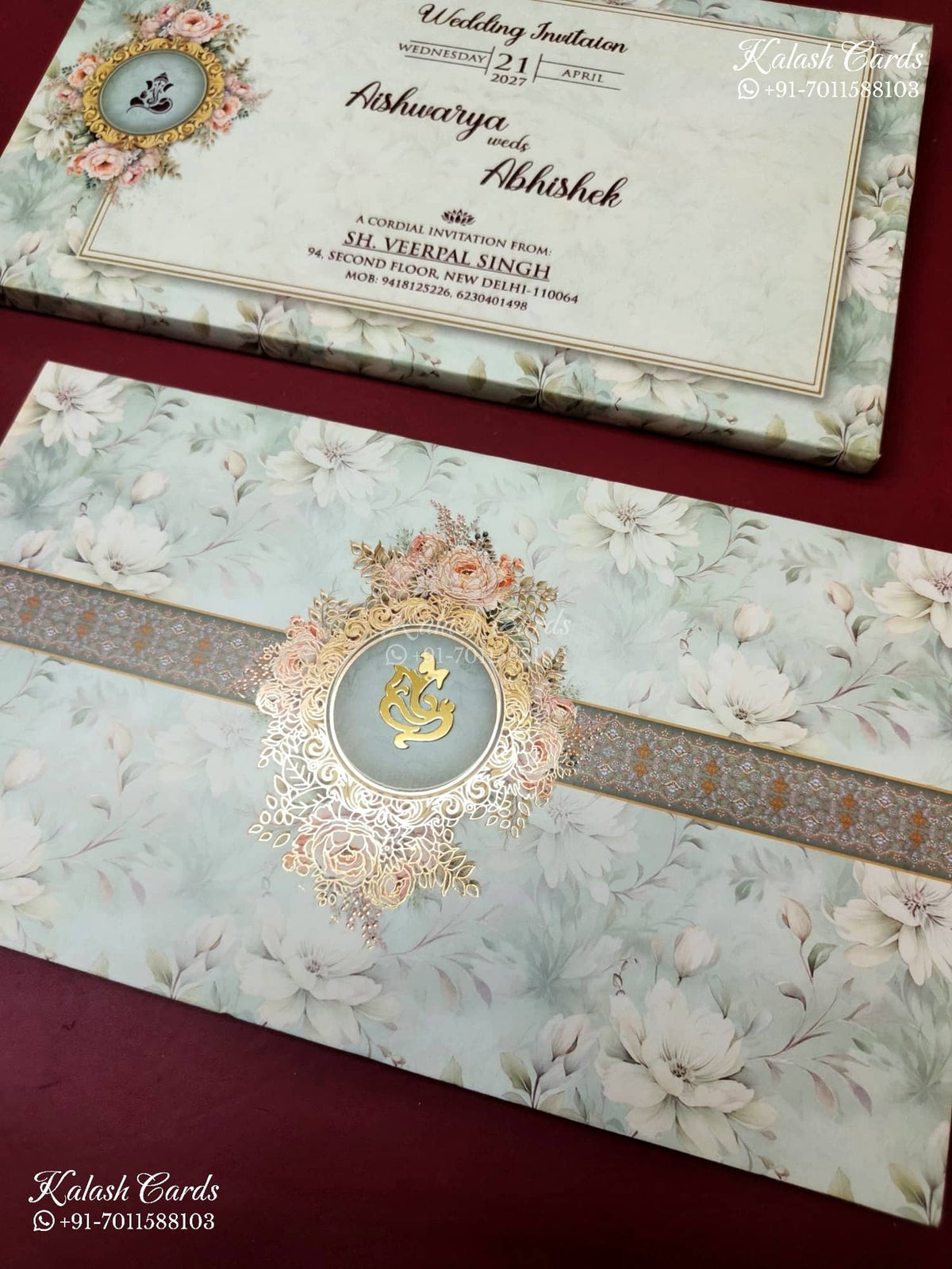 KLB-1229 Green Floral Semi Box Wedding Card (2 Page)