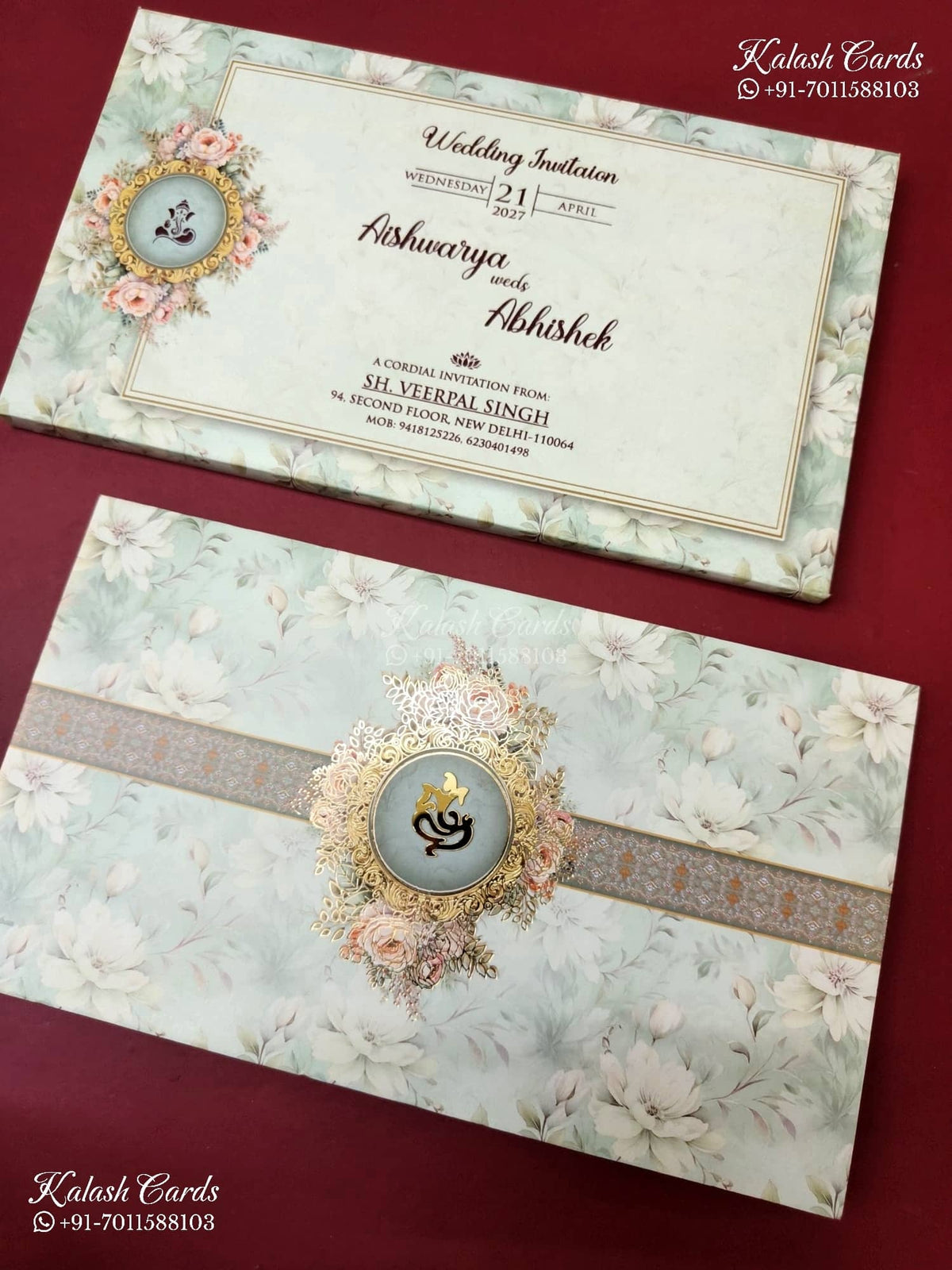 KLB-1229 Green Floral Semi Box Wedding Card (2 Page)