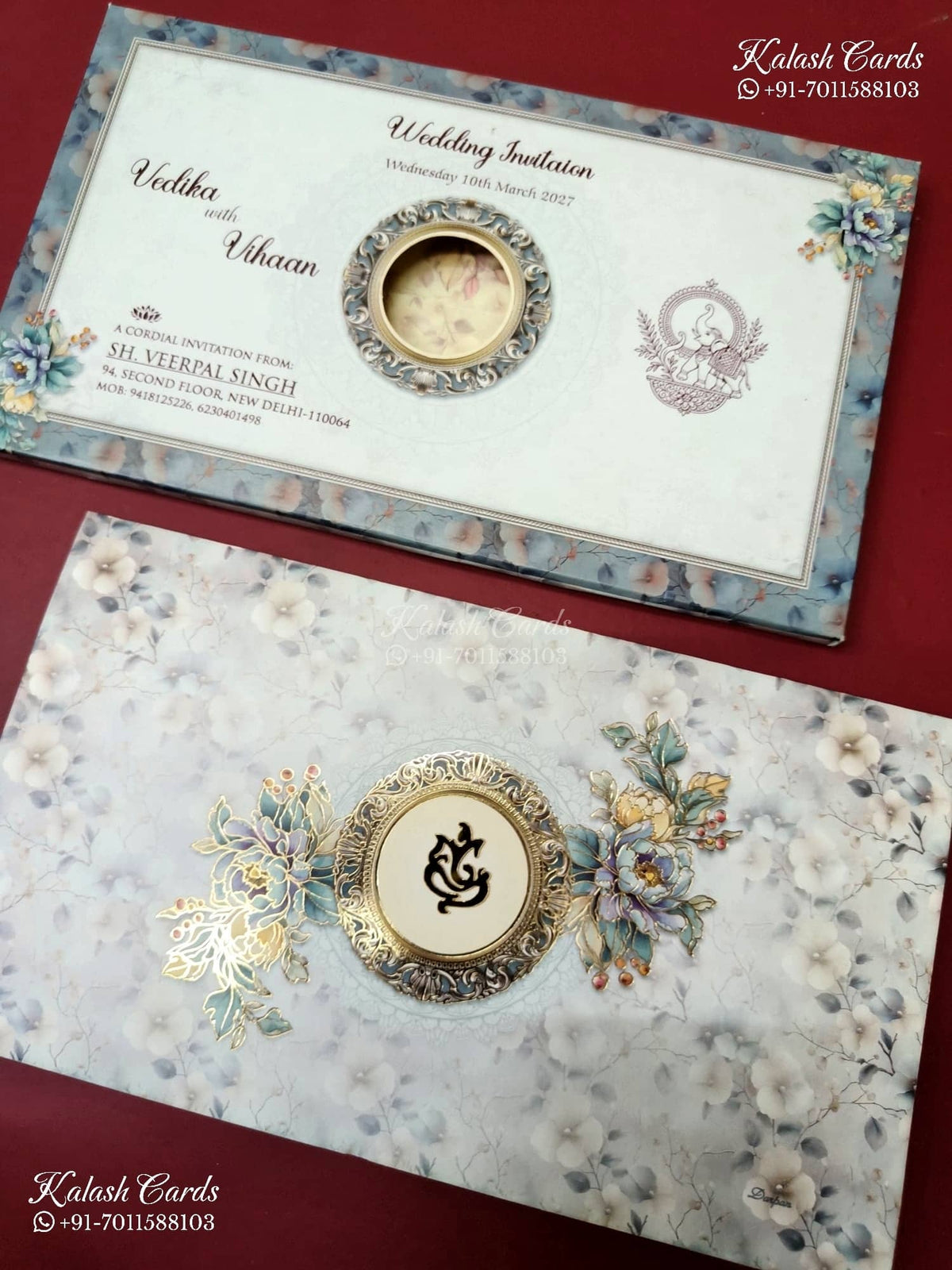 KLB-1233 Blue Floral Laser Cut Semi Box Wedding Card (2 Page)