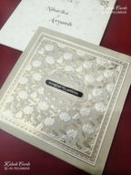 KLB-1235 White Creme Floral Embossed Semi Box Wedding Card (2 Page & Couple Name Wooden Plate)