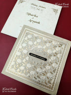 KLB-1235 White Creme Floral Embossed Semi Box Wedding Card (2 Page & Couple Name Wooden Plate)