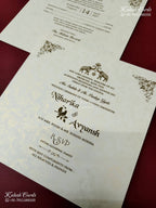KLB-1235 White Creme Floral Embossed Semi Box Wedding Card (2 Page & Couple Name Wooden Plate)