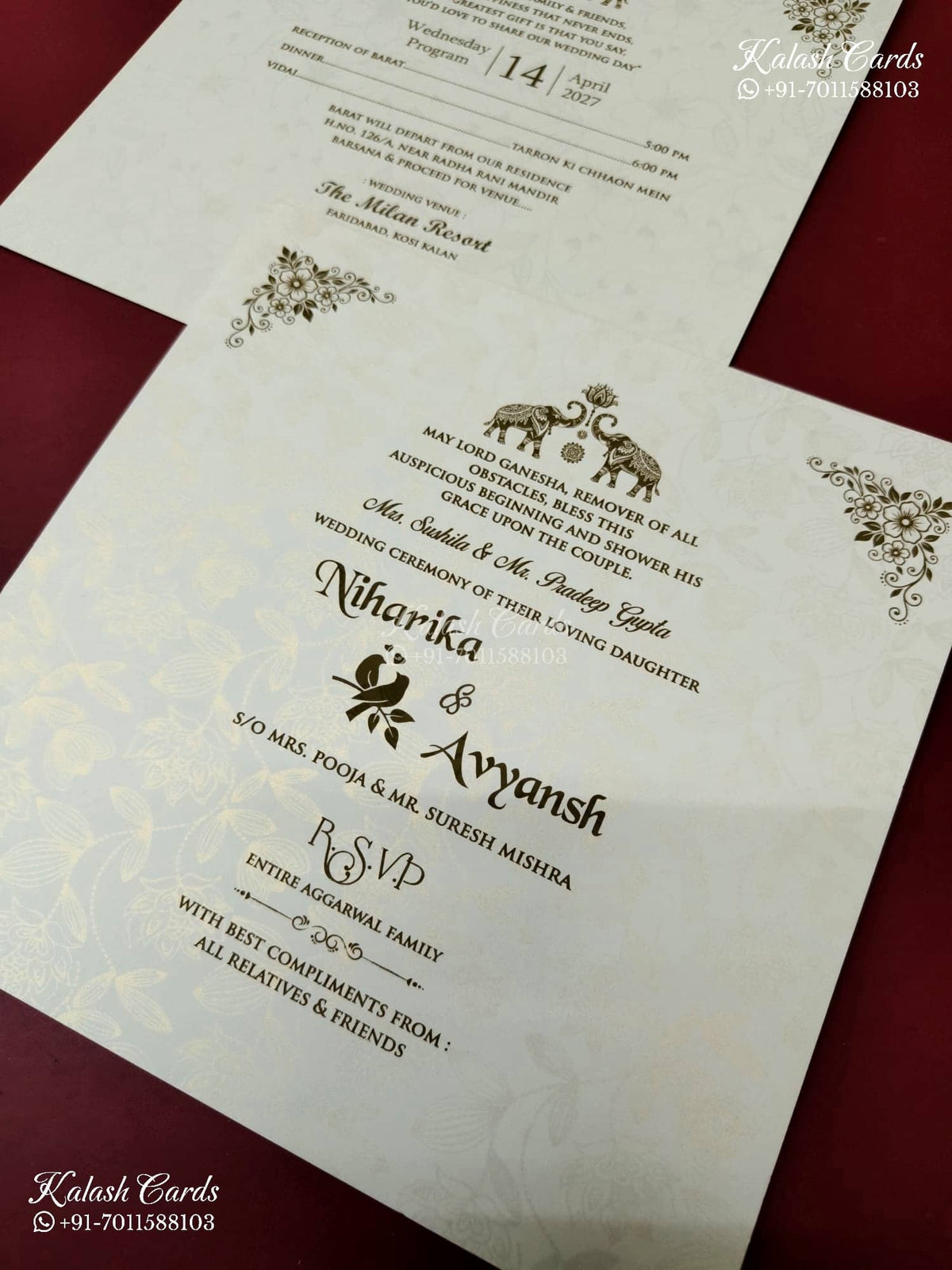 KLB-1235 White Creme Floral Embossed Semi Box Wedding Card (2 Page & Couple Name Wooden Plate)