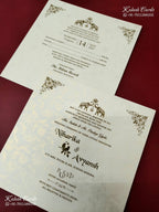 KLB-1235 White Creme Floral Embossed Semi Box Wedding Card (2 Page & Couple Name Wooden Plate)
