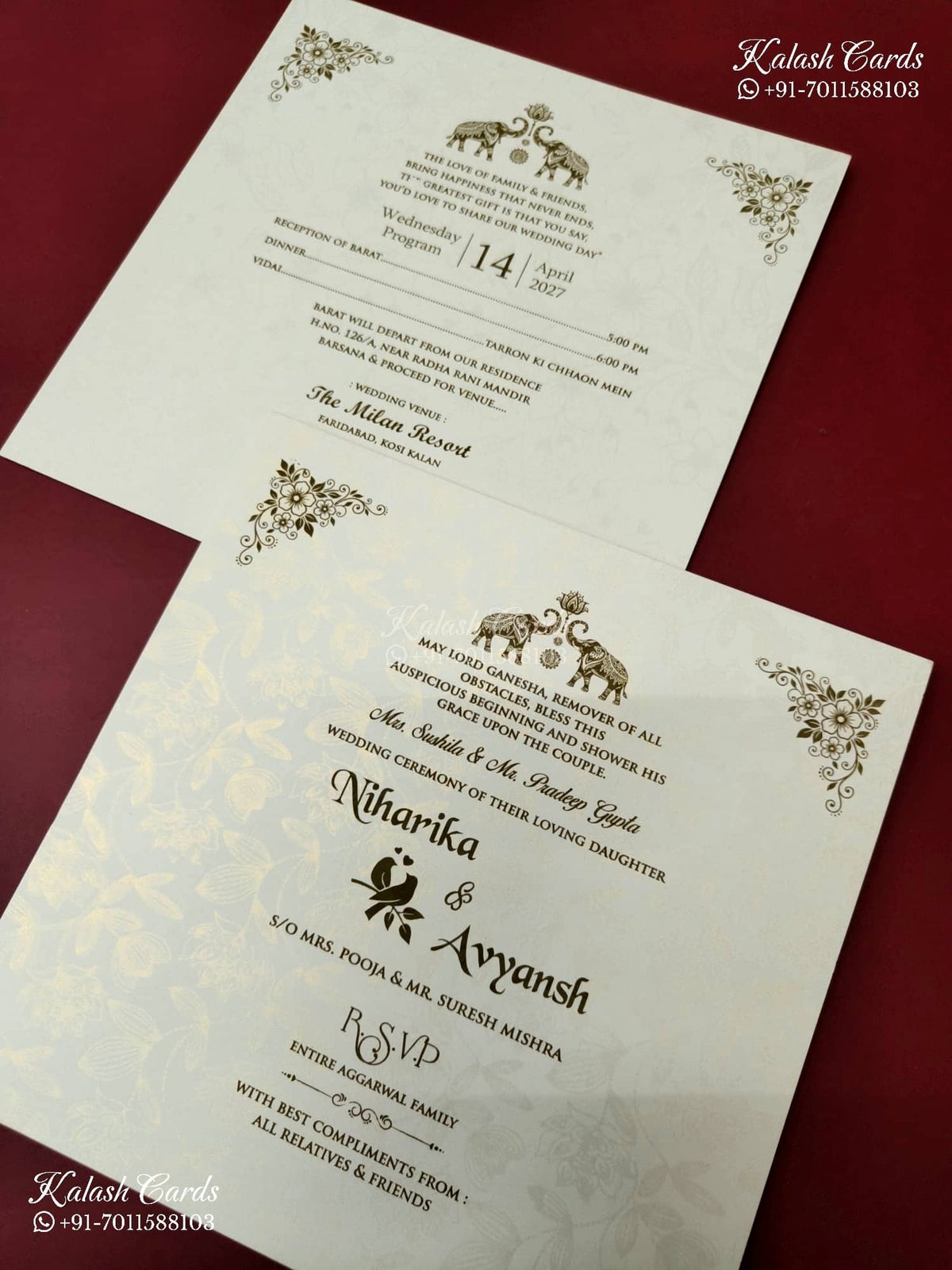 KLB-1235 White Creme Floral Embossed Semi Box Wedding Card (2 Page & Couple Name Wooden Plate)