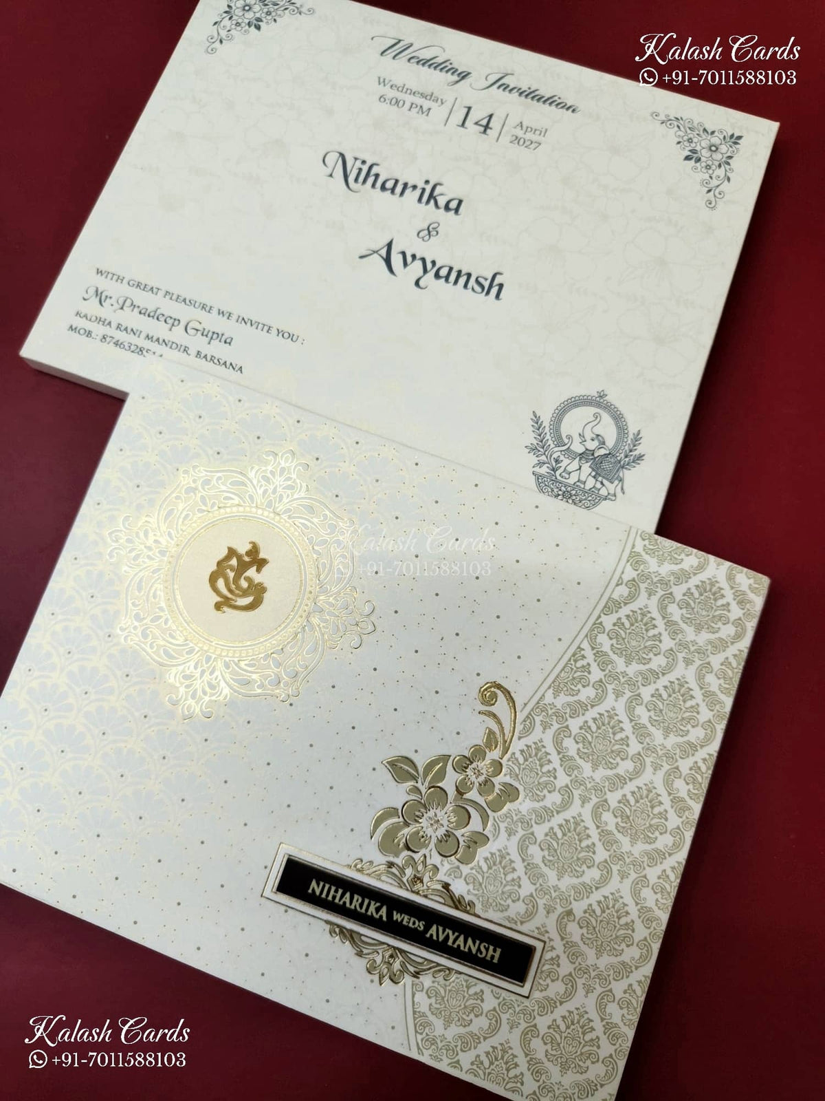 KLB-1236 White Green Floral Semi Box Wedding Card (2 Page & Couple Name Wooden Plate)